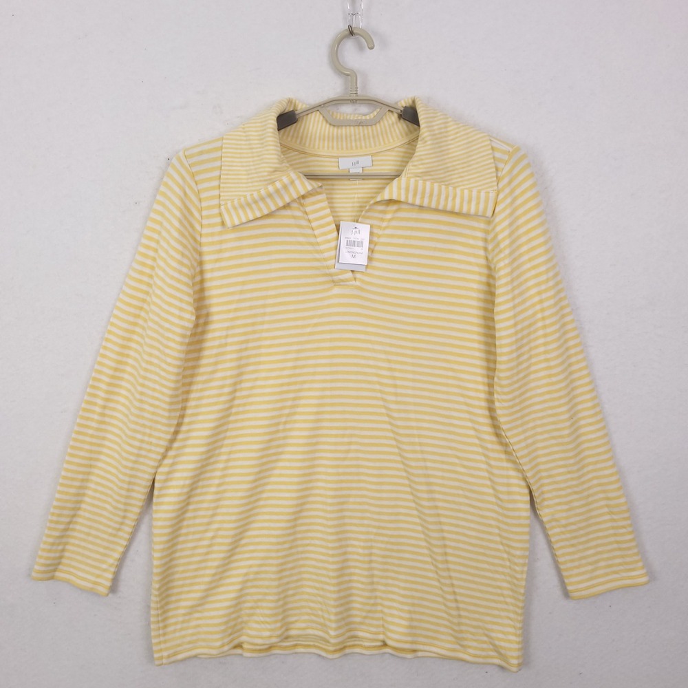 J. Jill Striped Knit Top M Lemon Cream Yellow Cotton Long Sleeve Button NEW